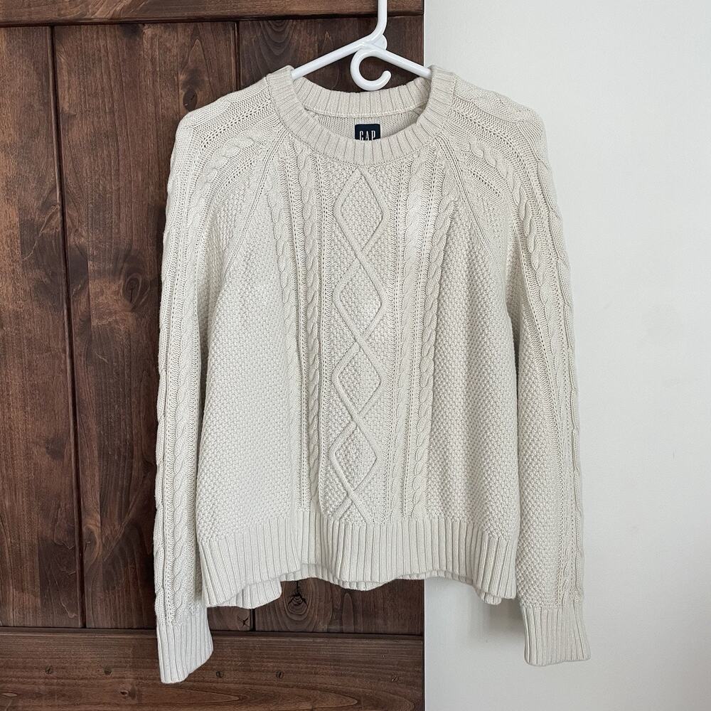 Gap Sweater Womens XL Ivory Cotton Cable Knit Coastal Minimalist Fisherman Knit